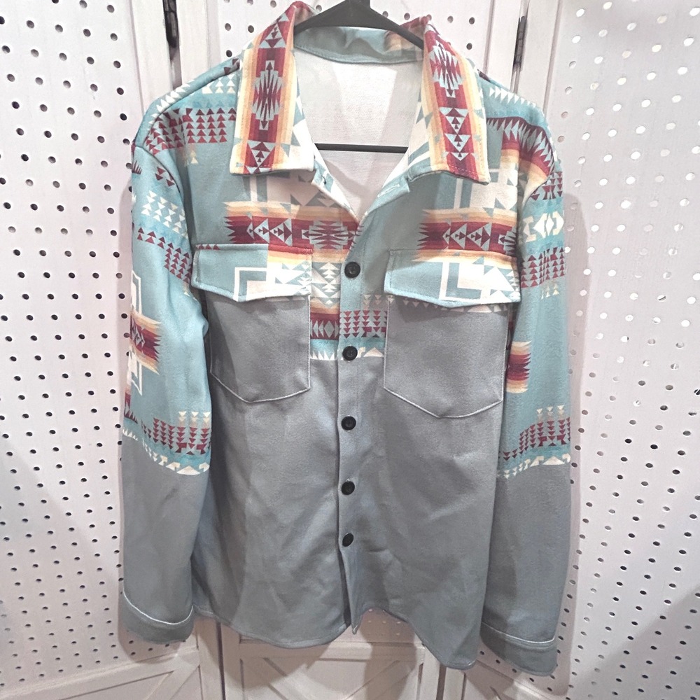 MANFINITY Southwestern Geometric Print Button Down Shirt Jacket Teal‎ Men's S